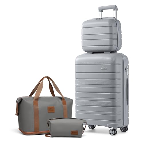 KONO Gepäck-Sets mit 4-teiligem Handgepäck mit Kosmetikkoffer, inklusive 1 Reisetasche und 1 Kulturbeutel, leichtes Polypropylen, 55 x 40 x 20 cm, Kabinenkoffer, grau, 5-teiliges Set, 2K2091L GY von KONO