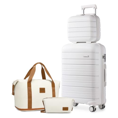 KONO Gepäck-Sets mit 4-teiligem Handgepäck mit Kosmetikkoffer, inklusive 1 Reisetasche und 1 Kulturbeutel, leichtes Polypropylen, 55 x 40 x 20 cm, Kabinenkoffer, weiß, 6er-Set, 2K2091L WE von KONO