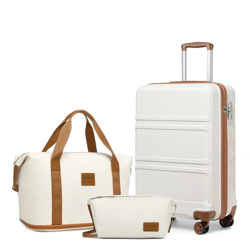 KONO Gepäcksets Handgepäck Set 3 Teilig Kofferset, 55cm Handgepäck Reisekoffer mit handgepäck Reisetasche mit Kulturbeutel (Creme Weiß) von KONO