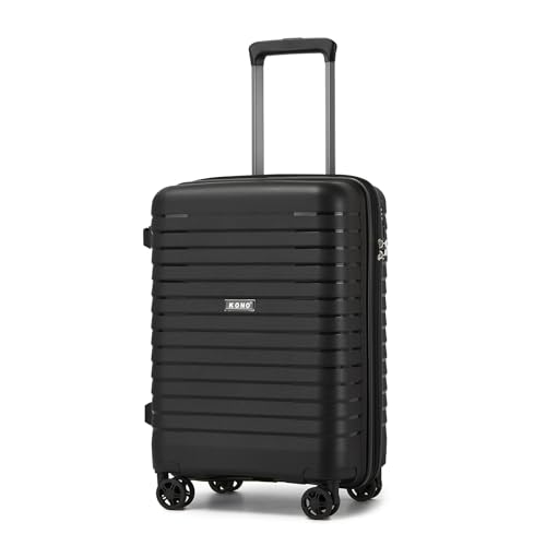 KONO Koffer Kabine aus hartem PP 53,5 cm – Handgepäck mit 4 leisen Rollen TPE, erweiterbarer Trolley mit Getränkehalter und TSA-Schloss, Schwarz , Handgepäck 20" von KONO