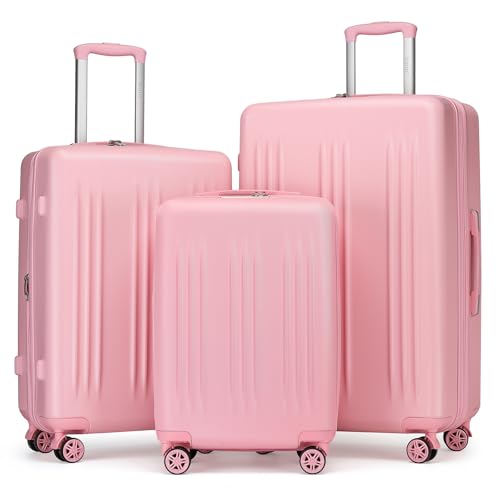 KONO Koffer Set 3 Stück Hartschalenkoffer Erweiterbar Leicht Klein Handgepäck 55cm Trolleys Mittelgroß 65cm Koffer Groß 75cm Reisekoffer mit 4 Rollen und TSA-Schloss, Rosa von KONO