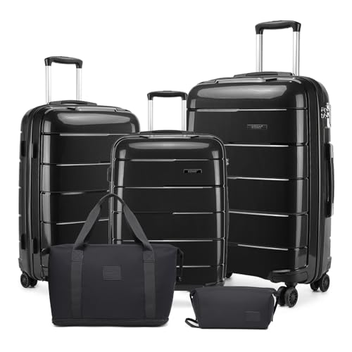 KONO Koffer Sets von 5 Stück Cabin/Medium/Large Luggage Carry On Travel Suitcase Sets mit Reisetasche und Kulturbeutel Lightweight Polypropylene Hard Shell Trolley Case with Secure TSA Lock（Black） von KONO