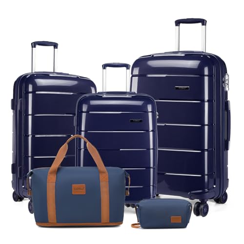 KONO Koffer Sets von 5 Stück Cabin/Medium/Large Luggage Carry On Travel Suitcase Sets mit Reisetasche und Kulturbeutel Lightweight Polypropylene Hard Shell Trolley Case with Secure TSA Lock（Navy） von KONO