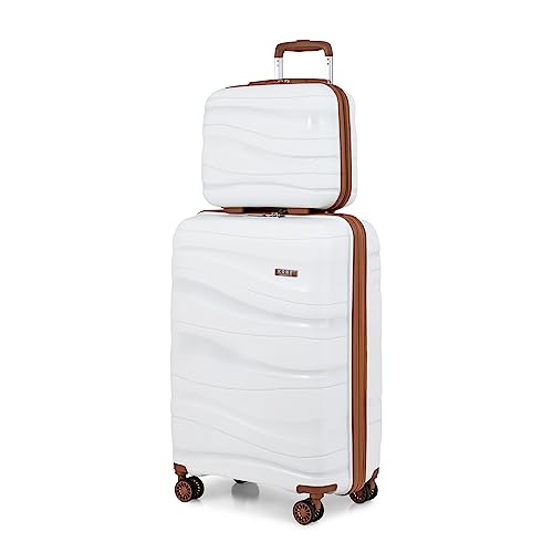 KONO Koffer Trolleys Gepäcksets 2 Teilig Kofferset mit Beautycase Polypropylen Hartschalenkoffer Reisekoffer mit 4 Rollen und TSA Schloss, 55cm Handgepäck Koffer + Kosmetikkoffer (Weiß) von KONO