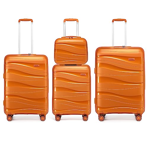 KONO Koffer Trolleys Gepäcksets 4 Teilig Koffer Set mit Beautycase Polypropylen Hartschalenkoffer Reisekoffer mit 4 Rollen und TSA Schloss, Kofferset-XL-L-M-Handgepäck Kosmetikkoffer (Orange) von KONO