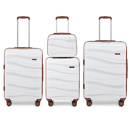 KONO Koffer Trolleys Gepäcksets 4 Teilig Koffer Set mit Beautycase Polypropylen Hartschalenkoffer Reisekoffer mit 4 Rollen und TSA Schloss, Kofferset-XL-L-M-Handgepäck Kosmetikkoffer (Weiß) von KONO