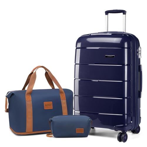 KONO Luggage 3 Piece Sets Carry On Suitcase 55x40x20 Cabin Handgepäck mit Reisetasche und Kulturtasche Lightweight Polypropylene Travel Trolley Case with Secure TSA Lock (Marine) von KONO