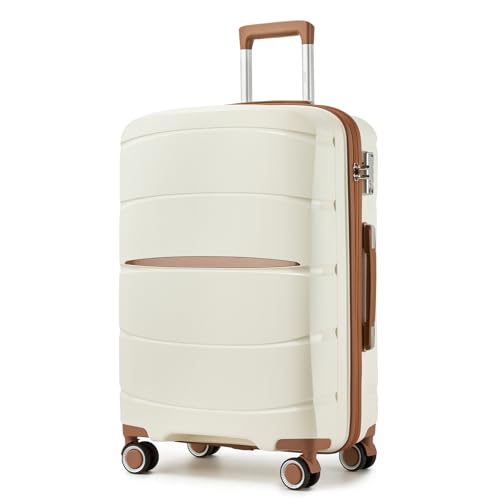 KONO Mittelgroß Koffer Trolley Reisekoffer aus Polypropylen Leichte Hartschalenkoffer mit 4 Doppelspinnrollen und TSA Schloss (Creme/Braun,L) von KONO