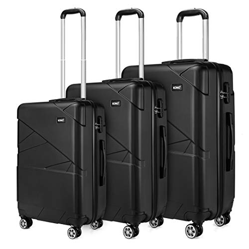 Kono Reisekoffer Gepäck Sets Hartschalenkoffer 3 Teilig Kofferset Trolleys Koffer mit ABS-Material Handgepäck Koffer Schwarz (M/L/XL) von KONO