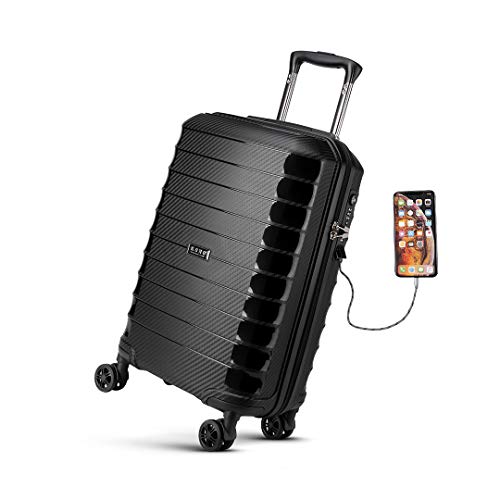 KONO 55cm Handgepäck Hartschalen-Koffer Trolley Rollkoffer Reisekoffer mit USB-Ladeanschluss und TSA-Schloss (Schwarz) von KONO