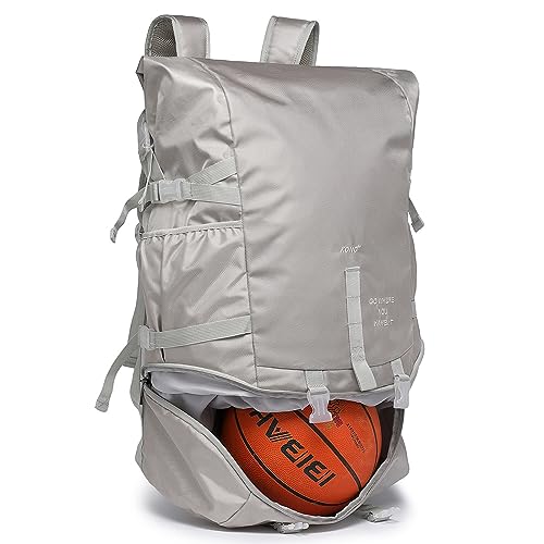 KONO Basketball-Rucksack, große Sporttasche mit unterem Ballfach, Ausrüstungstasche für Fußball, Volleyball, Fußball, Fitnessstudio, Schwimmen, Reisen, Outdoor(Grau) von KONO