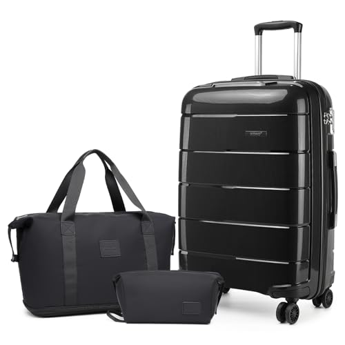 Kono Gepäck 3 Stück Sets Carry On Suitcase 55x40x20 Cabin Handgepäck mit Reisetasche und Kulturbeutel Lightweight Polypropylene Travel Trolley Case with Secure TSA Lock(Black, 20 Zoll Gepäck Set) von KONO