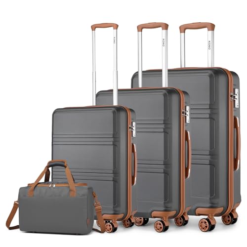 Kono Gepäck-Sets mit 4 Teilen, leichte ABS-Hartschalenkabine/mittelgroßer/großer Koffer mit TSA-Zahlenschloss + Ryanair 40x20x25cm Kabinentasche (Grau/Braun, 4-teiliges Set) von KONO