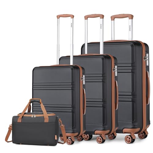 Kono Gepäck-Sets mit 4 Teilen, leichte ABS-Hartschalenkabine/mittelgroßer/großer Koffer mit TSA-Zahlenschloss + Ryanair 40x20x25cm Kabinentasche (Schwarz/Braun, 4-teiliges Set) von KONO