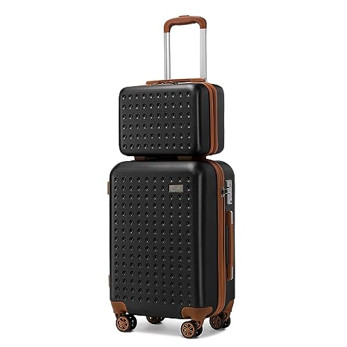 Kono Handgepäck Koffer Set mit Kosmetikkoffer Reisegepäck-Sets Beautycase Koffer Trolleys 100% ABS Reisekoffer Hartschalenkoffer Rollkoffer TSA-Schloss Schwarz von KONO