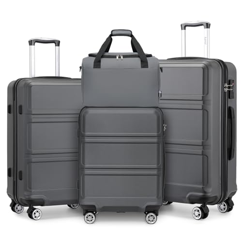 KONO Koffer-Set, 4-teilig, Handgepäck, mittelgroßer, großer Koffer, Hartschale, Leichter Trolley mit TSA-Schloss, Reisegepäck mit Ryanair Handkabinentasche, grau, Gepäcksets von KONO