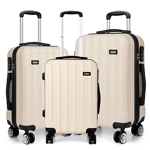 Kono Koffer-Set, ABS-Hartschalenkoffer, 3-teilig, 50,8 cm, 61 cm, 71,1 cm, 4 Räder, Koffer (Beige-Set) von KONO