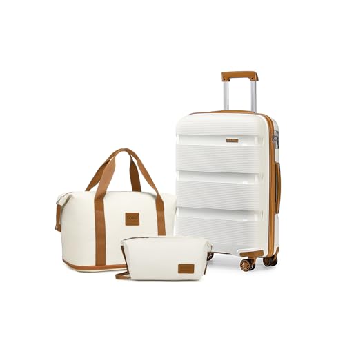 KONO Reisekoffer Handgepäck Koffer Gepäck-Sets 3 Teilig Kofferset, 55cm Klein Hartschalenkoffer mit Leicht Reisetasche und Kulturbeutel (Weiß/Braun) von KONO