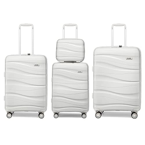 KONO Koffer Trolleys Gepäcksets 4 Teilig Kofferset mit Beautycase Polypropylen Hartschalenkoffer Reisekoffer mit 4 Rollen und TSA Schloss, XL-L-M-Handgepäck Kosmetikkoffer (Creme Weiß) von KONO