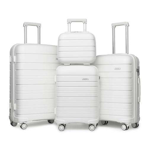 Kono Reisekoffer 4teiliges Set Polypropylen Handgepäck Set Hartschalen Trolley mit 4 Drehrollen und TSA Schloss(Weiß) von KONO