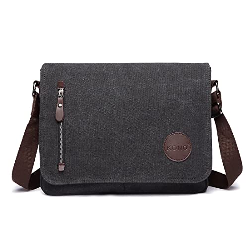 KONO Leinwand Laptop Messenger Taschen 13,5 Zoll Canvas Satchel Messenger Schultertasche Umhängetaschen für Herren Arbeits-Laptoptasche (Schwarz) von KONO