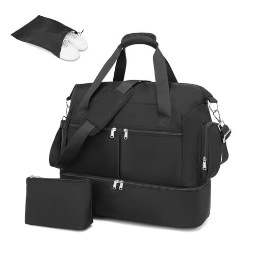 Kono Reisetasche Duffel Bag 32L Wasserabweisende Sporttasche mit Schuhfach Kosmetiktasche Abnehmbarer Schultergurt Leichte Reisetasche Gepäcktasche Wochenendtasche mit Trolley-Hülle (Schwarz) von KONO