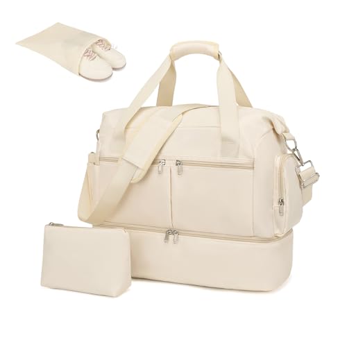 Kono Reisetasche Duffel Bag 32L Wasserabweisende Sporttasche mit Schuhfach Kosmetiktasche Abnehmbarer Schultergurt Leichte Reisetasche Gepäcktasche Wochenendtasche mit Trolley-Hülle (Beige) von KONO
