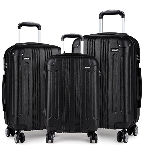 Kono Trolley Koffer Reisekoffer Reisekofferset Gepäckset Kofferset 4 Zwillingsrollen Hartschale 3er Kofferset Leichtes ABS (schwarz) von KONO