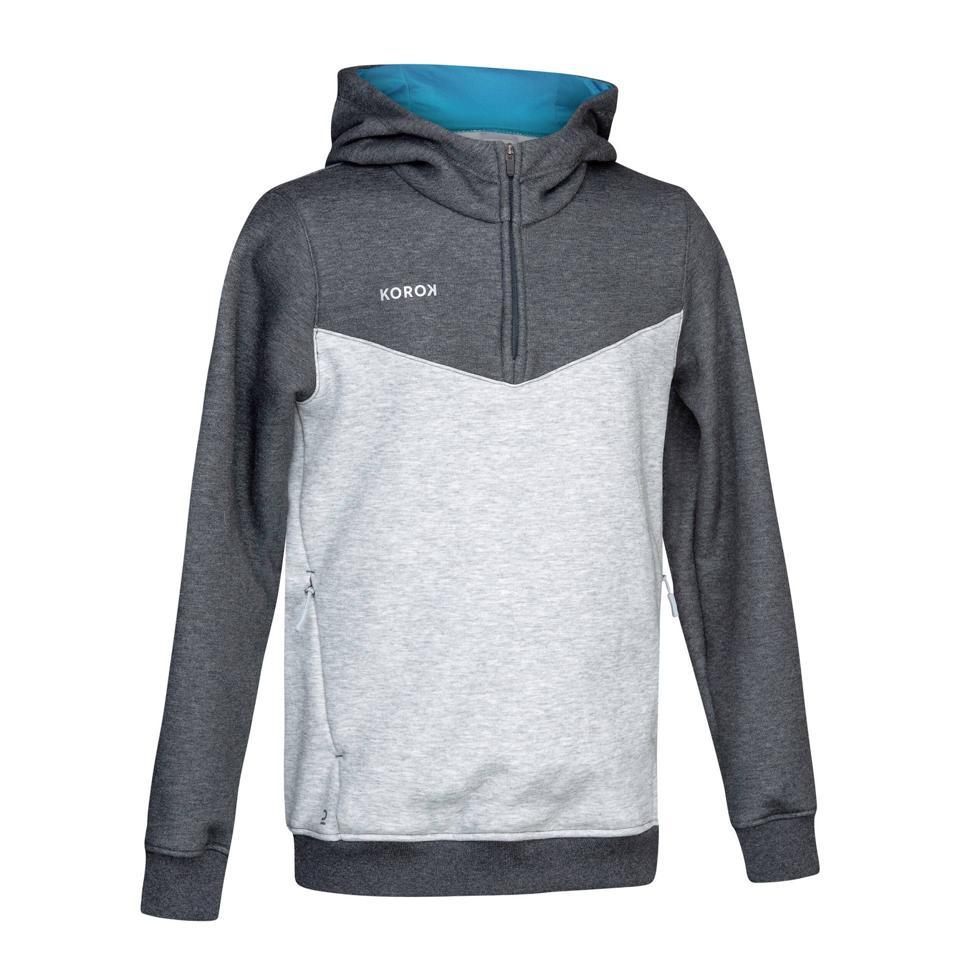 Kinder Feldhockey Hoodie mit Zip - FH500 grau/türkis von KOROK