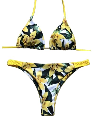 KOSTEN Badeanzug Damen Blumendruck Bikini Sommerbades Badeanzug Frauen Bikini Set Zweiteiliger Anzug-Gelb-Groß von KOSTEN