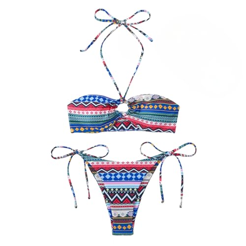 KOSTEN Badeanzug Damen Damenhalter Bademoter Blumenstreifen Badeanzug Strand Bikini Bikini Tragen-Blau-L von KOSTEN