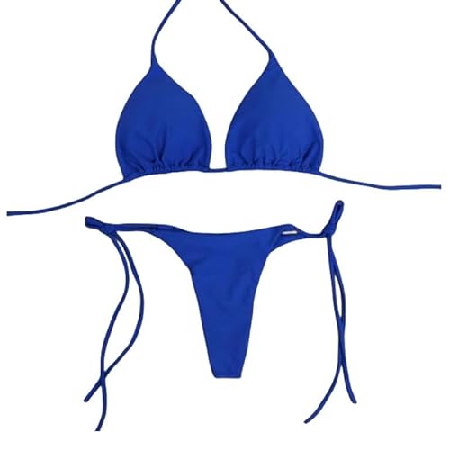 KOSTEN Badeanzug Damen Frauen Tanga Bikini Set Badeanzughals Hängend Feste Farben Verstellbare Badeanzugset-Blau-Mittel von KOSTEN