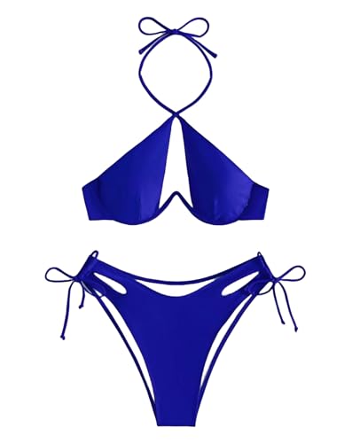 KOSTEN Bikini Damen Ausgeschnittene Bikini Solide Badeanzug Frauen Halfter Schwimmanzug Strandkleidung-Blau-L von KOSTEN