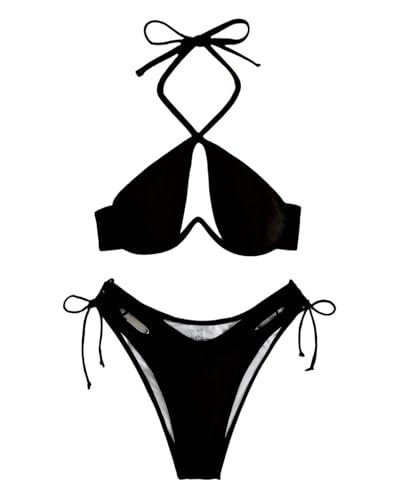 KOSTEN Bikini Damen Ausgeschnittene Bikini Solide Badeanzug Frauen Halfter Schwimmanzug Strandkleidung-Schwarz-S von KOSTEN