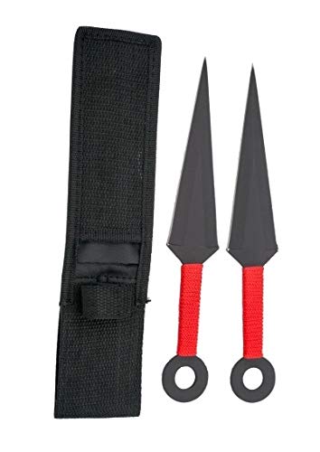 KOSxBO® 2er Naruto Wurfmesser Kunai ca. 23,5 cm - Throwing Knife - schnelles Werfen Messer schwarz rot - Trainingsmesser - Gürtelmesser - No Spin - Anime Naruto inklusive Etui aus Stoff von KOSxBO