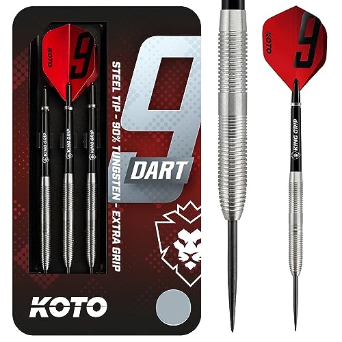 KOTO 9-Dart 90% Tungsten Darts, 25 Gramm Steeltip Dartfeile aus 90% Wolfram, Profi Stahl Spitzen Dartset mit 3 Pfeile und 3 Shafts, Mit Dart Wallet von KOTO darts