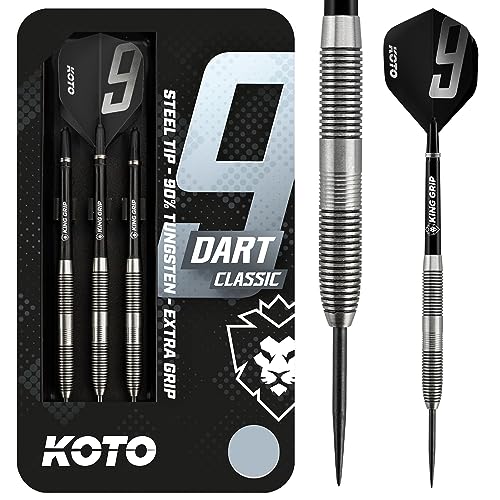 KOTO 9-Dart Classic 90% Tungsten Darts, 23 Gramm Steeltip Dartfeile aus 90% Wolfram, Profi Stahl Spitzen Dartset mit 3 Pfeile und 3 Shafts, Mit Dart Wallet von KOTO darts