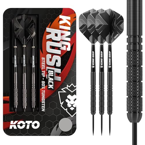 KOTO King Rush Black 90% Tungsten Darts, 24 Gramm Steeltip Dartfeile aus 90% Wolfram, Profi Stahl Spitzen Dartset mit 3 Pfeile und 3 Shafts, Mit Dart Wallet von KOTO darts