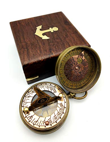 KRAFTBAZAR Taschen-Sonnenuhr-Kompass, beidseitige Handarbeit, auf der Sonnenuhr Vogel mit Holzbox. von KRAFTBAZAR