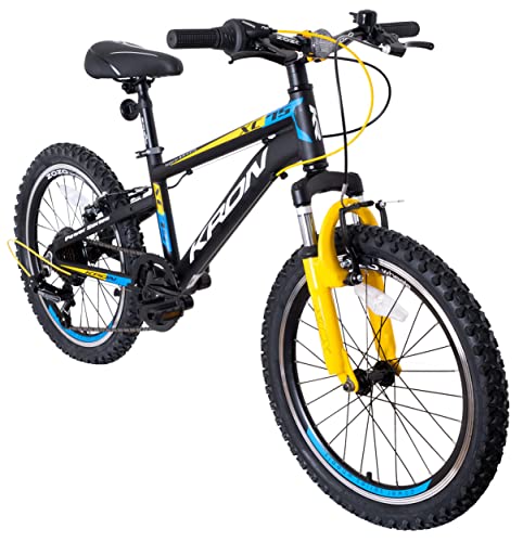 KRON XC 75 Kinder Mountain Bike 20 Zoll ab 6 Jahre | Aluminium MTB Fahrrad 7 Gang Shimano, V-Bremse, 11 Zoll Rahmen, Schwarz Gelb von KRON