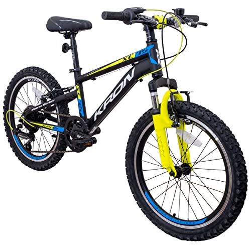 KRON XC 75 Kinder Mountain Bike 20 Zoll ab 6 Jahre | Aluminium MTB Fahrrad 7 Gang Shimano, V-Bremse, 11 Zoll Rahmen, Schwarz Neongelb von KRON