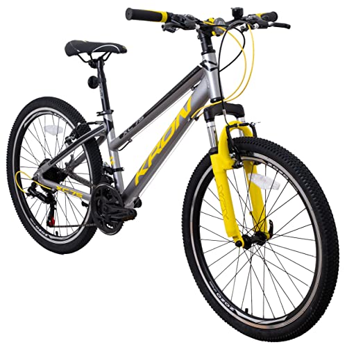 KRON XC 75 Kinder Mountain Bike 24 Zoll ab 8-9 Jahre | Aluminium MTB Fahrrad 21 Gang Shimano, V-Bremse, 13 Zoll Rahmen, Silber Gelb von KRON