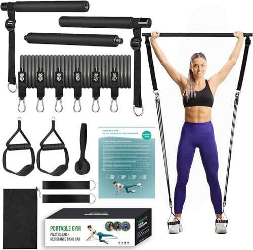 KRTOYUST® Pilates Bar Kit,Fitnessbänder für Yoga,Verstellbarer Smart Workout Bar,Widerstandsbänder Krafttraining,Fitnessgeräte für Zuhause oder Reisen (30.40.50 lbs, Schwarz) von KRTOYUST