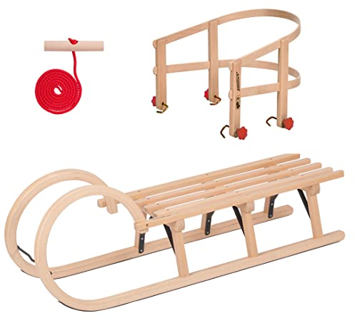 KS-Direkt Holzschlitten 110cm Schneeschlitten Schlitten Rückenlehne Zugseil Rückenlehne (Hörnerschlitten 110 cm mit Sitzlehne) von KS-Direkt
