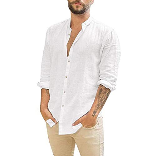 Hemden Herren,Leinenhemd Herrenhemd Regular Fit Langarm Einfarbig Sommer Strandhemden Knopf Hawaii Freizeithemd Langarm West Cowboy Basic Hemd,Weiß,3XL von KSKAN