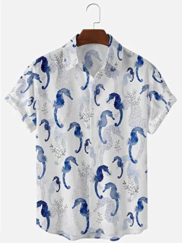 KSKAN Hawaii Hemd,Herren Hawaii-Hemd Seepferdchen-Print Hemd Summer Mystic Ocean Hemd Blauer Neuheitendruck Hemd Herren Hawaiian Blumenhemd Funky Party Beach Shirt, XL von KSKAN