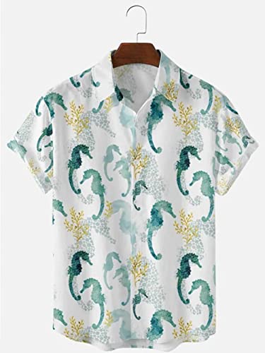 KSKAN Hawaii Hemd Männer,Herren Hawaiian Hemd Seepferdchen Print Hemd Sommer Mystic Ocean Hemd Weiß Neuheit Print Shirt Herren Hawaiian Blumenhemd Funky Party Beach Shirt, XXL von KSKAN