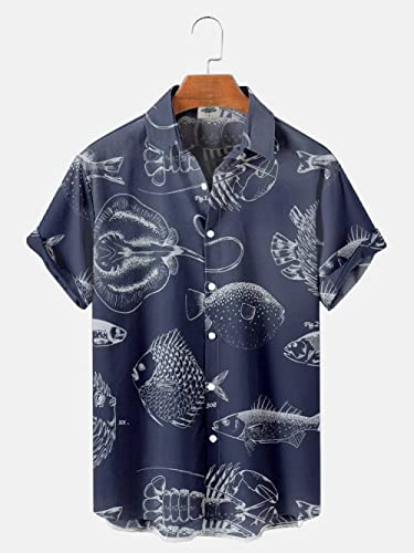 KSKAN Hawaii Hemden,Herren Hawaiian Hemd Marine Fisch Print Hemd Sommer Mystic Ocean Hemd Marineblau Neuheitendruck Hemd Herren Hawaiian Blumenhemd Funky Party Beach Shirt, XL von KSKAN