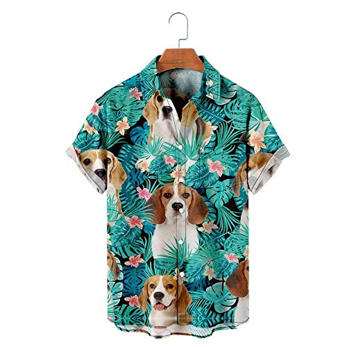KSKAN Hawaii Hemden,Herren Hawaiihemd Sommer Hawaii Beach Print T-Shirt Niedliches Beagle-Muster Urlaubshemd Tropische Blumen Lässige Kurzarmhemden Aloha Party Strandtops,XXL von KSKAN