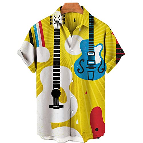 KSKAN Hawaiihemd Herren Kurzarm, Herren Hawaiihemd Funky Gitarrenprint Shirt Jazzmusik Sommer Kurzarm T-Shirt Locker Fit Freizeit Sport Kubanisches Hemd Floral Aloha Party Beach Tops,3XL von KSKAN